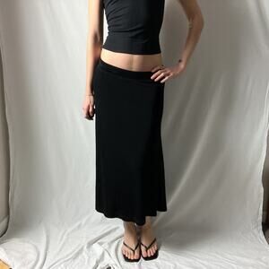 90s vintage black minimalist low rise slinky knit slip midi skirt